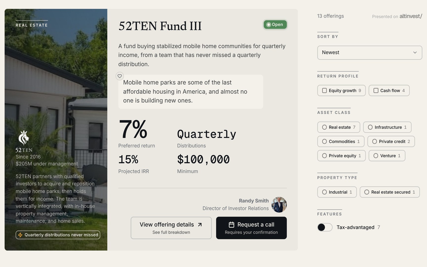 The offerings page investors browse: an offering card beside the filters