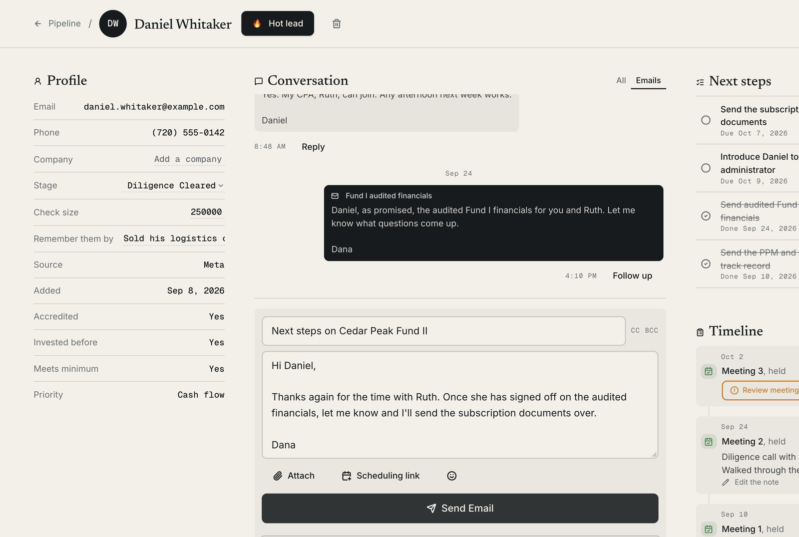 A demo investor's contact page with the email composer open