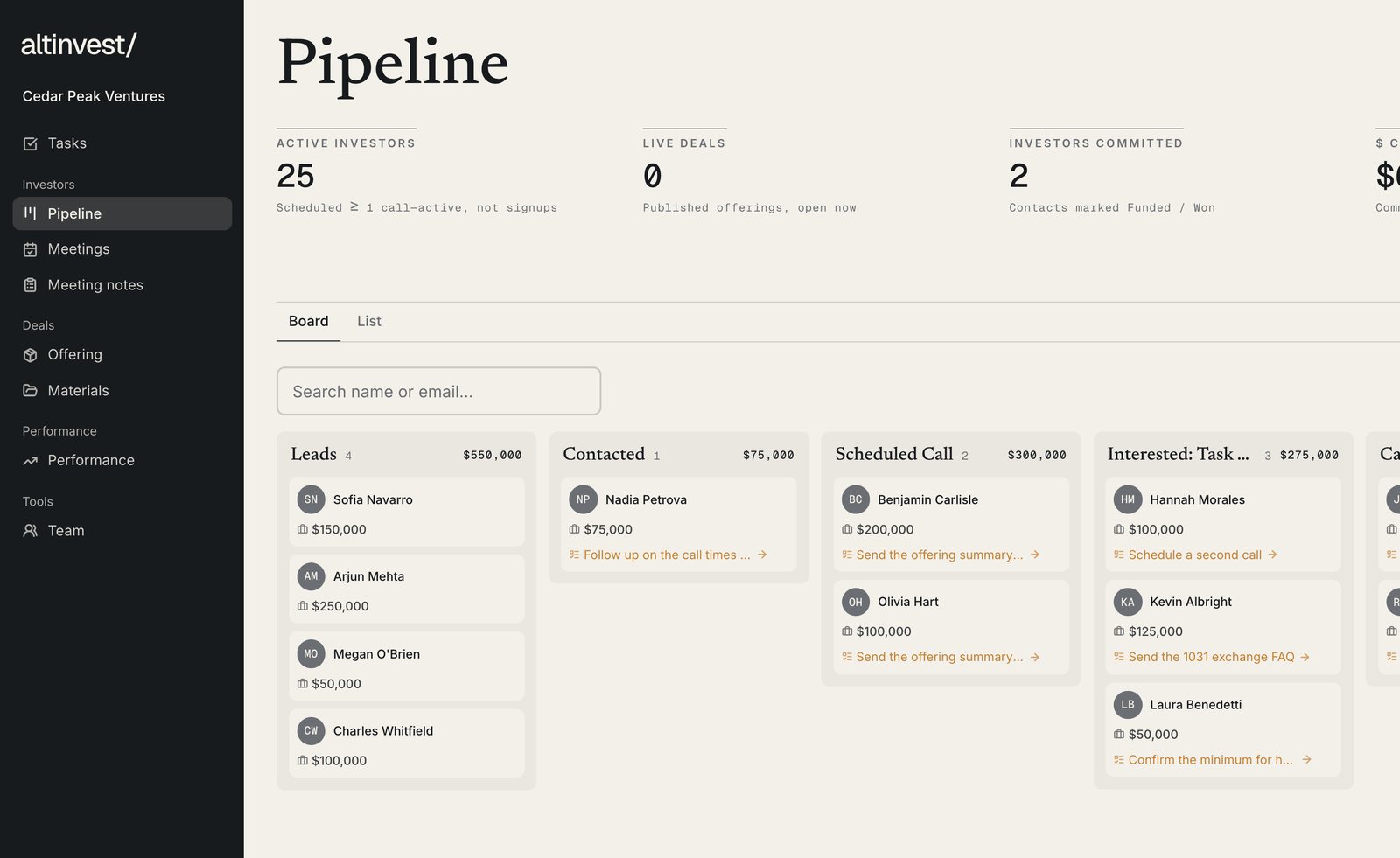 The pipeline board for a demo sponsor, with investors grouped by stage