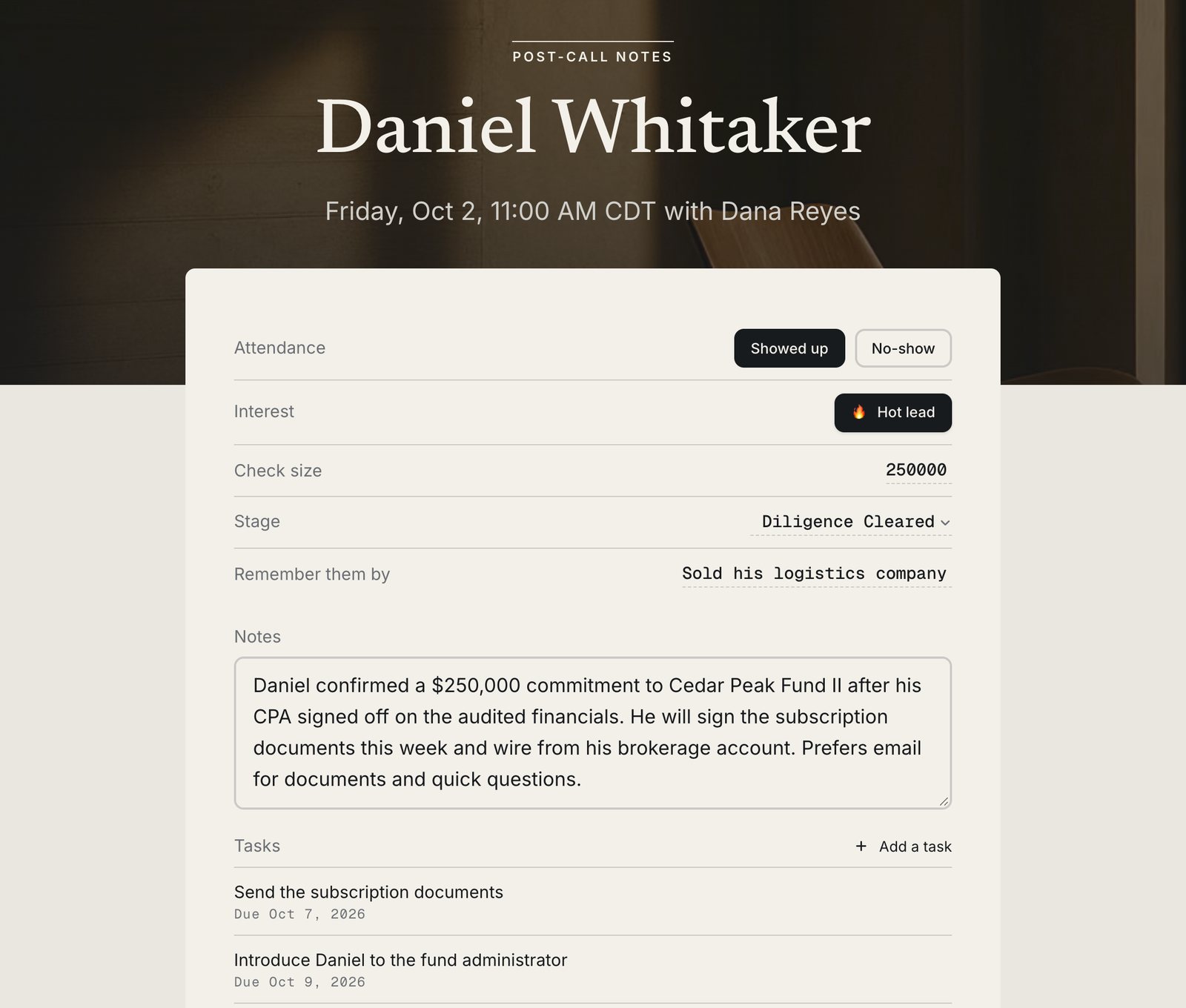 A post-call note for a demo investor, with attendance, check size, stage, notes and tasks
