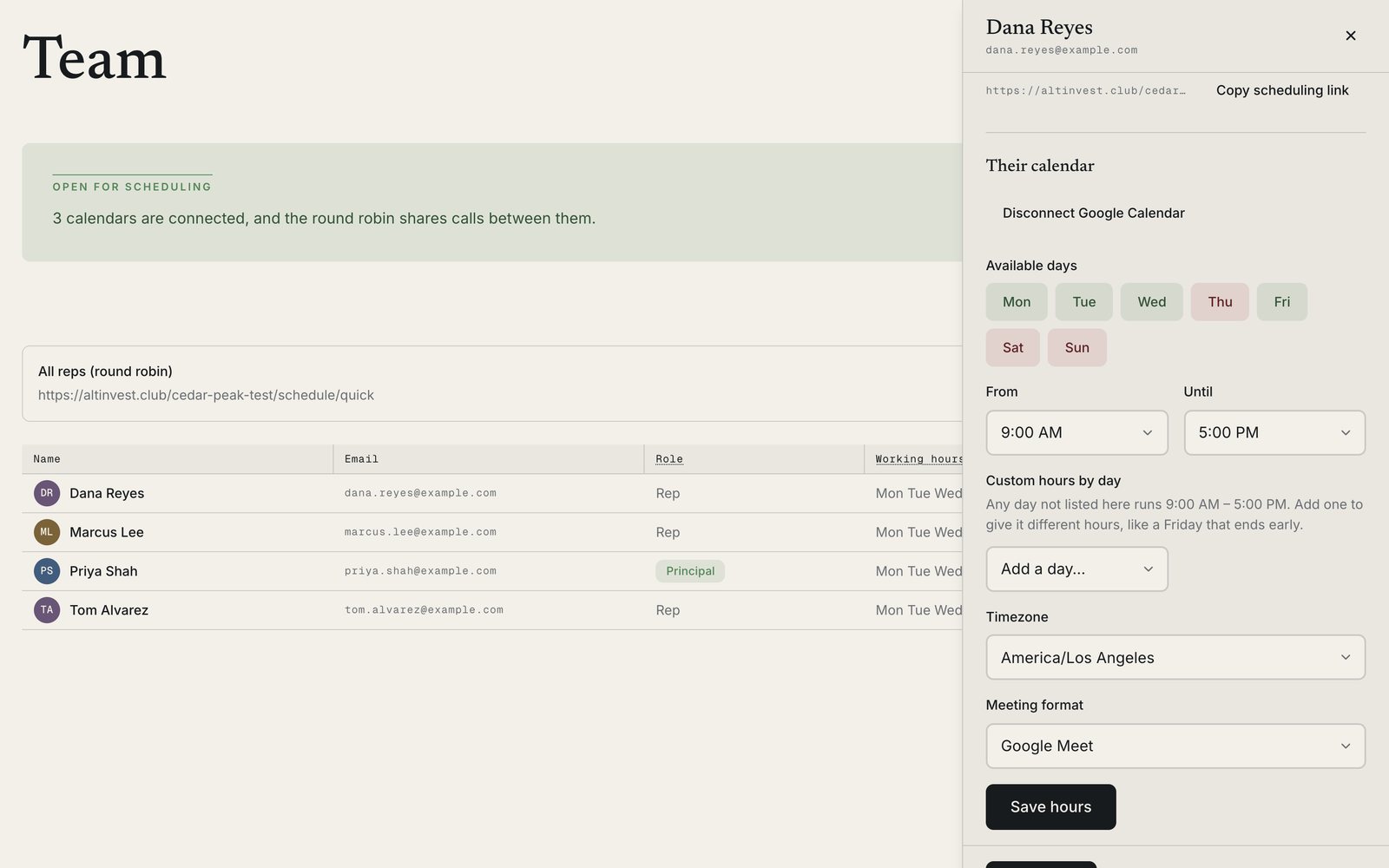 The Team page for a demo sponsor, with one teammate's calendar and meeting format open